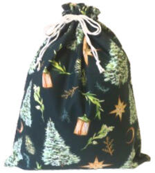  Sötétzöld alapszínen arany csillag - hold - ezüstfenyő mintás -25x35 cm karácsonyi textil ajándék tasak