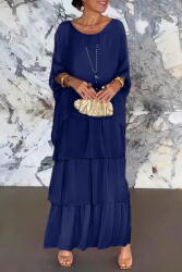 SHOPIKA Rochie lunga suprapusa din matase si vascoza, cu trei volane mari si maneca cazuta, bleumarin Talie unica