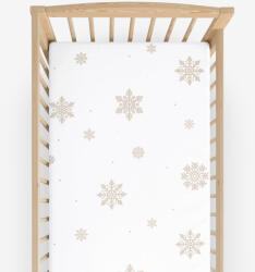 Goldea gyermek körgumis pamut lepedő kiságyba - hópelyhek fehéren 70 x 140 cm