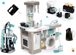 Smoby Set bucătărie electronică cu mașină de spălat și masă de călcat Tefal Cleaning Kitchen 360° Smoby și cărucior de curățenie cu mixer set pentru micul dejun cu fierbător de apă (SM311050-8) Bucatarie copii