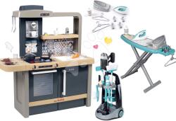 Smoby Set bucătărie electronică cu înălțime reglabilă Tefal Evolutive New Kitchen Smoby și cărucior de curățenie cu cu aspirator și masă de călcat (SM312308-8) Bucatarie copii