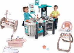 Smoby Set bucătărie electronică și cădiță pentru păpușă cu apă curgătoare Tefal French Touch Bubble Smoby cu sunete și lumni și scaun de masă cu leagăn (SM311206-42) Bucatarie copii