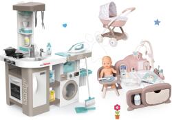 Smoby Set bucătărie electronică cu mașină de spălat și masă de călcat Tefal Cleaning Kitchen 360° Smoby și căsuță pentru păpușa electronică cu cărucior adânc (SM311050-3) Bucatarie copii