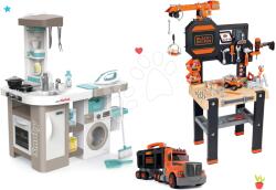 Smoby Set bucătărie electronică cu mașină de spălat și masă de călcat Tefal Cleaning Kitchen 360° Smoby și masă de lucru cu macara și camion cu valiză și unelte (SM311050-24) Bucatarie copii
