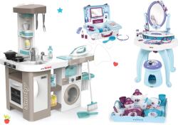 Smoby Set bucătărie electronică cu mașină de spălat și masă de călcat Tefal Cleaning Kitchen 360° Smoby și măsuță cosmetică Frozen cu valiză și tavă de servit (SM311050-28) Bucatarie copii
