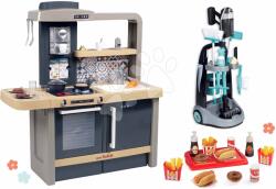 Smoby Set cărucior de curățenie și bucătărie care crește cu copilul Rowenta Trolley Smoby cu sunete, un hot dog cu cartofi prăjiți și un aspirator electronic (SM330319-9)