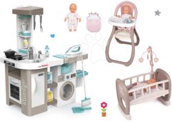 Smoby Set bucătărie electronică cu mașină de spălat și masă de călcat Tefal Cleaning Kitchen 360° Smoby cu scaun de masă și leagăn sac de dormit și păpușă de a 32 cm (SM311050-1) Bucatarie copii