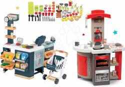 Smoby Set bucătărie electronică pliabilă Tefal Opencook Smoby roșu cu aparat de cafea și frigider și supermarket electronic Maxi Market cu 100 bc. de accesorii (SM312202-1) Bucatarie copii
