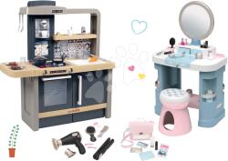 Smoby Set bucătărie electronică cu înălțime reglabilă Tefal Evolutive New Kitchen Smoby și măsuță cosmetică cu uscător de păr electronic și geantă (SM312308-4) Bucatarie copii