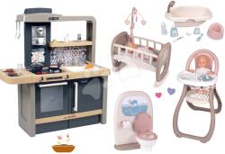 Smoby Set bucătărie electronică cu înălțime reglabilă Tefal Evolutive New Kitchen Smoby și toaletă cu baie pentru păpuși cu o cadă, un scaun și un leagăn (SM312308-15) Bucatarie copii