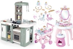 Smoby Set bucătărie electronică cu bule magice Tefal Studio Kitchen XL Bubble 360° și măsuță cosmetică Prințesele Smoby cu scăunel și cărucior de servit (SM311053-17) Bucatarie copii