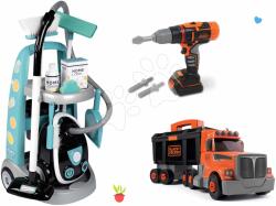 Smoby Set cărucior de curățenie cu aspirator elecronic Cleaning Trolley Vacuum Cleaner Smoby și camion cu valiză de lucru și mașină de găurit electronică (SM330316-12)