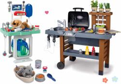 Smoby Set grătar pentru grădină și cărucior clinică veterinară Garden Kitchen Smoby cu bucătărie apă curentă și un culcuș pentru pisicuță și cățeluș (SM312004-6) Bucatarie copii