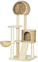 AOSOM Macska kaparó 60x60x150 cm kaparófa natúr többszintes macskabútor macskaházzal, függőággyal, kaparószőnyeggel