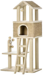 AOSOM Macska kaparó 60x40x131 cm kaparófa natúr többszintes macskabútor macskaházzal és játékkal