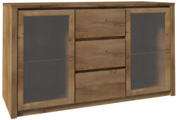 TEMPO KONDELA Komód Dupla Üvegajtós, 3- Fiókos Szekrény és Három Aljazattal, Tölgyfa Lefkas, Montana K2D