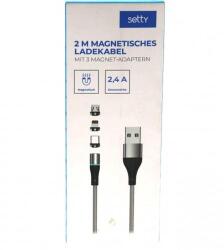 Setty USB kábel, Mágneses USB Type-C, Micro-USB és Lightning mágneses adapterek a készletben, (2 méter 2, 4A Ledes), fekete
