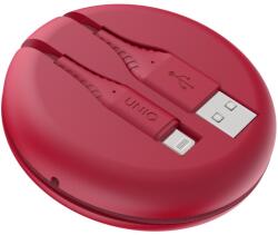 USB töltő- és adatkábel, Lightning, 120 cm, cipőfűző minta, feltekerhető, gyorstöltés, MFI engedélyes, Uniq Halo, piros