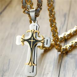 HARAHU SB-38751 Nyaklánc Kereszttel - Ezüst / Arany / Fekete / 70cm KP38751