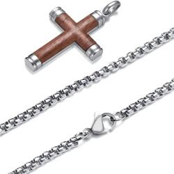  WD-38748 Férfi Nyaklánc Kereszttel - Barna / Ezüst / 62cm