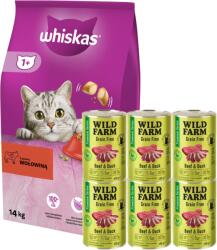 Whiskas Whiskas Adult Beef Dry Food 14kg + WILD FARM Premium Grain Free Beef and Duck 6x400g