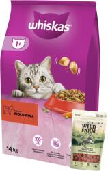 Whiskas WHISKAS Száraz macskaeledel 1+ marhahússal 14kg + WILD FARM bárány csillagok taurinnal 50g macskaeledel 50g