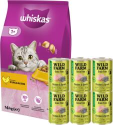 Whiskas WHISKAS Száraz macskatáp 1+ csirkével 14kg + WILD FARM Premium Grain Free Chicken and Sprats 6x400g