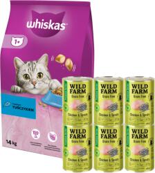 Whiskas WHISKAS Száraz macskatáp 1+ tonhallal 14kg + WILD FARM Premium Grain Free Chicken and Sprats 6x400g