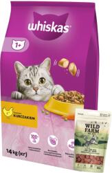 Whiskas WHISKAS Száraz macskatáp 1+ csirkével 14kg + WILD FARM báránycsillagok taurinnal 50g macskaeledel 50g