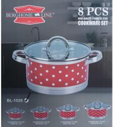 Berghome Line 8 db-os rozsdamentes edénykészlet üvegfedővel, piros, pöttyös (BL-1535) - edenyshop