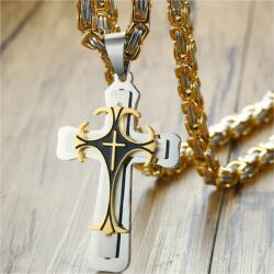  SB-38751 Nyaklánc Kereszttel - Ezüst / Arany / Fekete / 70cm