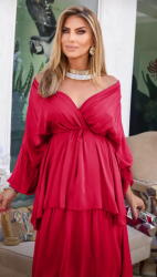 SHOPIKA Rochie lunga suprapusa din matase, cu trei volane mari si maneca lunga, fucsia inchis Talie unica