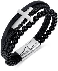 BeSpecial Bratara Faith tripla din inox, piele naturala si bazalt cu cruce argintie (BALI0103)