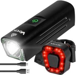 Vayox VA0046, VA0048 első és hátsó kerékpárlámpa készlet, alumínium, XLM2 15W és 14x SMD forrás, újratölthető akkumulátor 4500 mAh, akkumulátorjelző, 6 világítási mód, USB-C töltés, vízálló, 1300 lume (LAMP