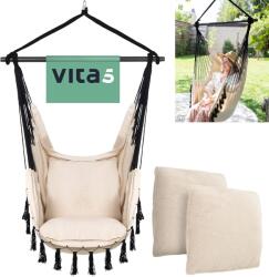  Élvezd a pihenést! Kényelmes, stílusos VITA5 függőszék, fehér pamutból - beltéri, kültéri használatra, 150 kg teherbírás, 2 párnával - függő fotel, hintaágy, kerti bútor, terasz, erkély