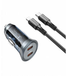 BOROFONE BZ26B autós töltő, szivargyujtós töltő, 45W, 2 x USB-C csatlakozó + Lightning töltőkábel, adatkábel, kék