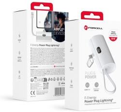 Forcell F-Energy Power Plug F5K3 PD 20W 5000 mAh külső akkumulátor beépített Lightning csatlakozóval, fehér