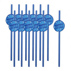  12 darabos papír szívószál - Happy Birthday - Kék