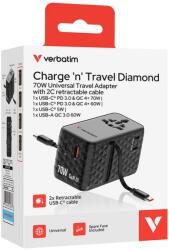 Verbatim Incarcator de retea GaN USB-A + USB-C PD 3.0 QC 4+ 2 cabluri retractabile USB-C 70W Negru (30186) - pcone