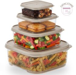 köken Set 4 recipient de depozitare alimente Koken, organizare ușoară, etanșe, cutie cu capac, plastic fără BPA, rezistent la rece, 0.2L, 0.53L, 1.1L, 2.2L Transparent/Bej