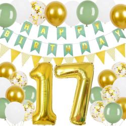 PartyJoy Set decoratiuni pentru aniversarea de 17 ani , banner verde cu auriu, triunghiuri, 24 de piese, baloane , œHappy Birthday, pentru fete E i baieti (b0cw3ckzrl)