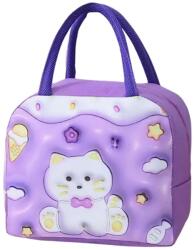 Flippy Hordozható 3D-s rajzfilmes Flippy hűtőtáska gyerekeknek, Oxford anyagú ebédlőtáska, 23x13x19cm, cica mintás, lila (131595)