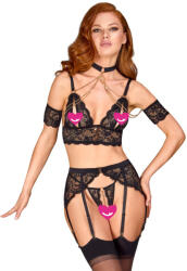 Abierta Fina Delicate Lace Top Suspender Set with Chains & Choker 2251507 Black L