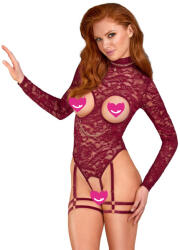 Abierta Fina Lace Velvet Open Cup Body with Suspender Strap Harness 2644916 Red M