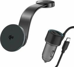 4smarts Indukciós Autós Töltő 15W + Autós Szivargyújtó Töltő 1xUSB és 1x Type-C Csatlakozással és Type-C Kábellel - Szürke (540988) (540988)