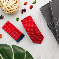 Elite Fashion Piros fehér kék mintás slim nyakkendő + díszzsebkendő - elitedivat - 7 990 Ft