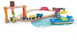 Hape Set de jucarie din lemn - port cu trenuri, vapoare si camioane (E3791A) Trenulet