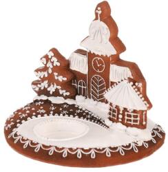 Autronic Gingerbread candle holder with church - polyresin, brown and white