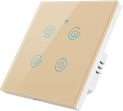 HomeVast Intrerupator inteligent cu contact tactil, HomeVast®, cu protocol WiFi, compatibil Tuya/Smart life, cu sau fara nul, 4 canale, auriu (DS-101JL-4-G-O)