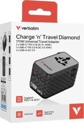 Verbatim Adaptor calatorie Verbatim GaN, 170W, cablu retractabil, USB-C PD 3.1 QC4+ pana la 140W/USB-A QC 3.0 pana la 18W, Negru (30190)